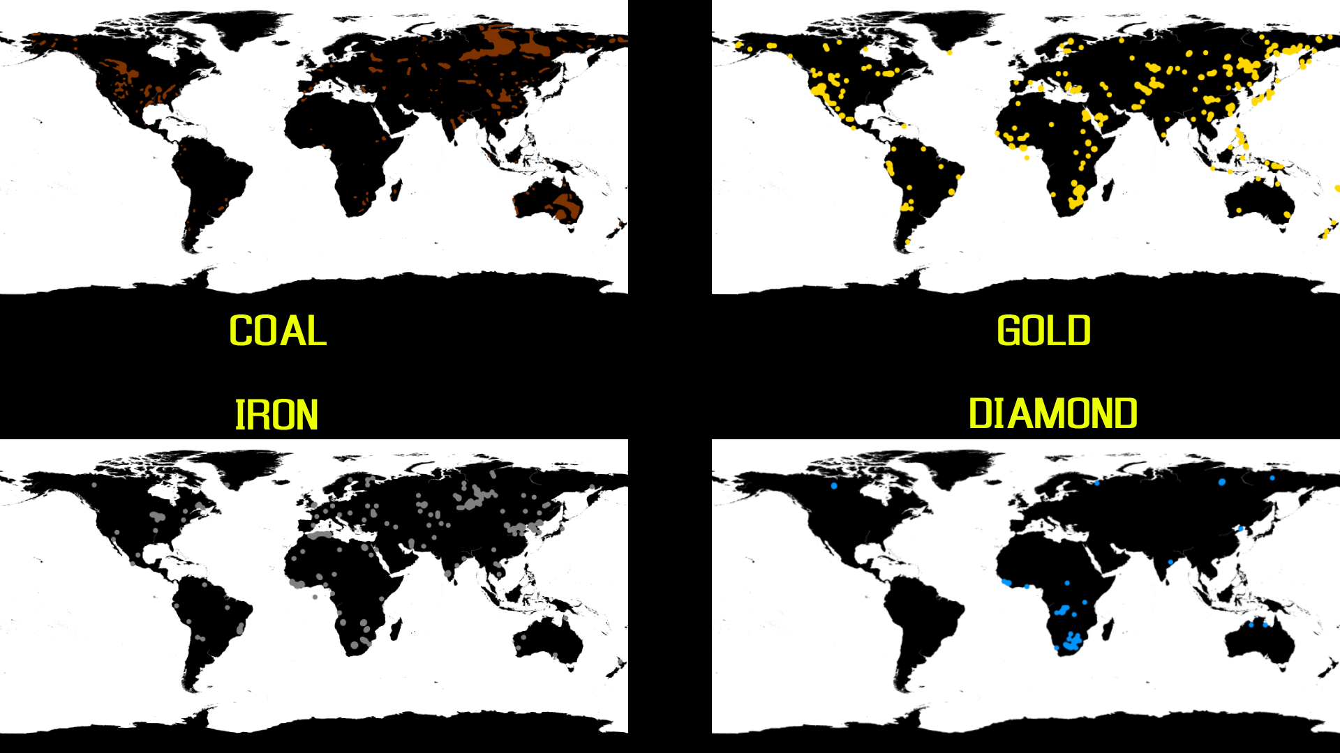 Four world maps showing Orion's added high-yield regions for coal, gold, iron, and diamond.